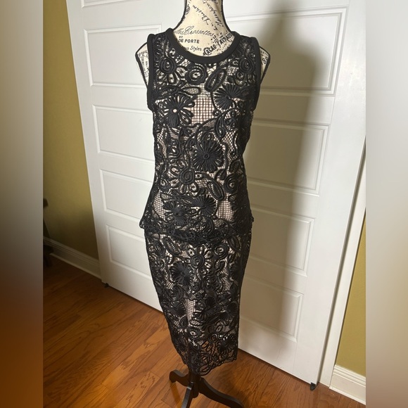 Anthropologie Yoana Baraschi 2 piece Skirt Set Black Lace Crochet Nude Underlay - Picture 1 of 7